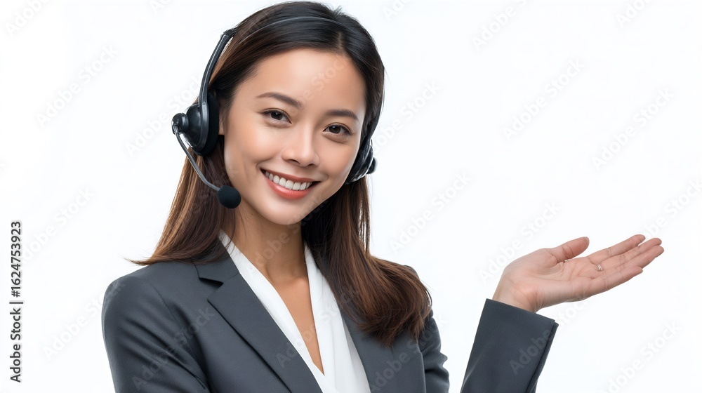 Professional asian customer service representative with headset on white background Professional asian customer service representative with headset on white background