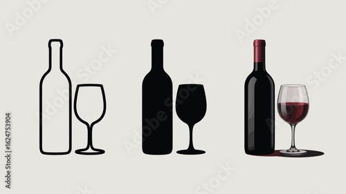 Three stages of wine presentation empty silhouette and full glass