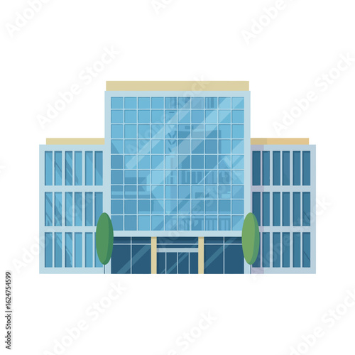Modern glass office building with green trees