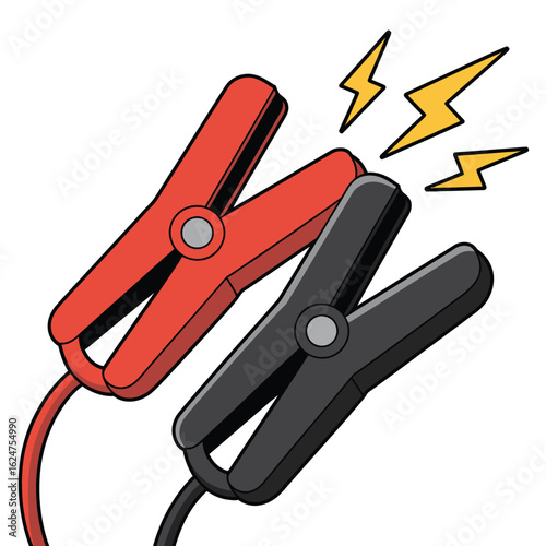 Red and black jumper cable clamps with electrical sparks