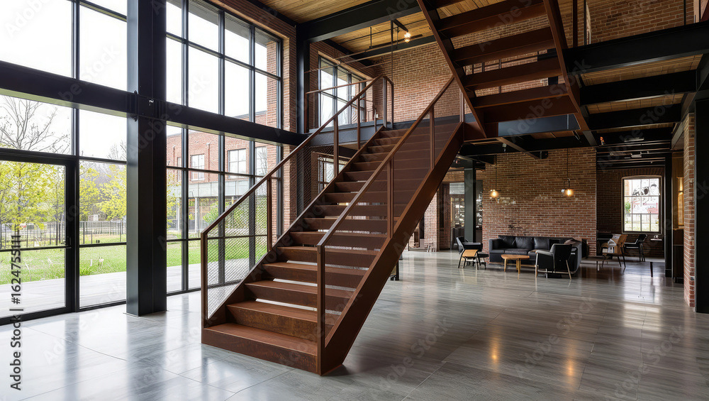 Obraz premium Explore modern industrial loft interiors featuring a striking metal staircase and exposed brick walls with ample natural light.
