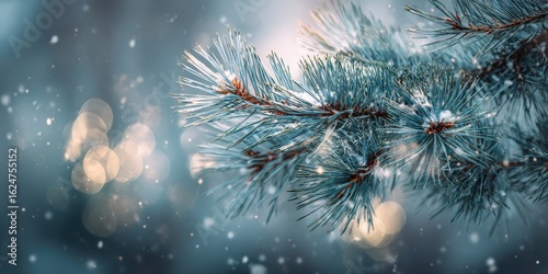 The pine branch adorned with snowflakes in a serene winter landscape.