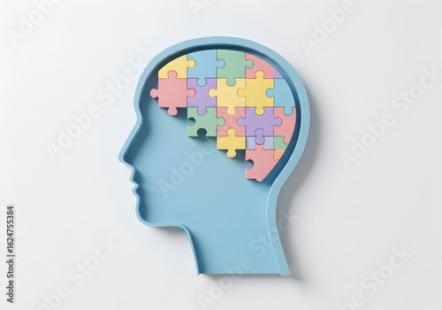 Wallpaper Mural Human head silhouette filled with colorful puzzle pieces. Represents mental health, understanding, intelligence, and cognitive processes. Torontodigital.ca