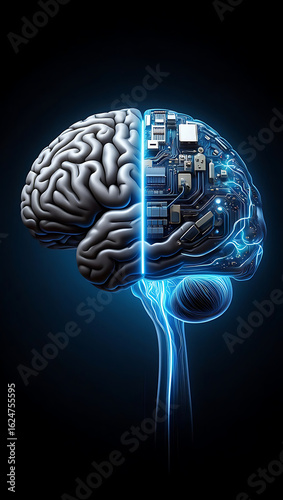 3D medical illustration of a human brain with intelligence and mind elements, showing anatomy and neurology through a blue abstract x-ray concept, AI generated	