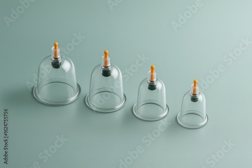 Transparent cupping therapy cups in ascending size. Alternative medicine tools for relaxation or pain relief. Hijama, treatment according to the Sunnah.