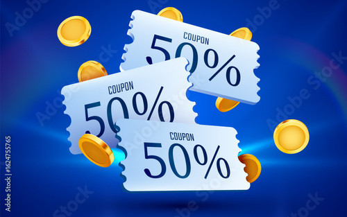 3d coupons with golden coins. Special giveaway voucher, percentage off. Gift voucher template. Vector illustration