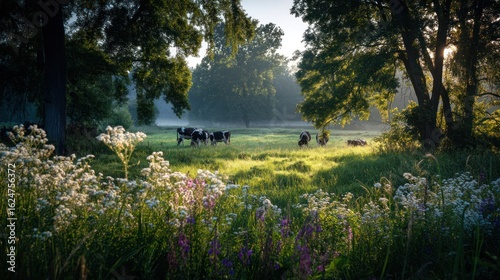 Cows grazing peacefully on a lush green meadow surrounded by wildflowers under the morning sun