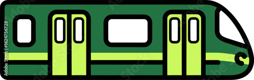 A simple cartoon illustration of a modern green commuter train or subway car with light green accents.