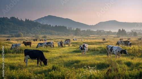 Cows grazing peacefully on a lush green meadow surrounded by wildflowers under the morning sun
