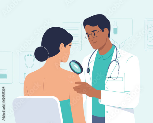 Dermatologist doctor examining a patient's skin with a magnifying dermatoscope in a medical clinic.