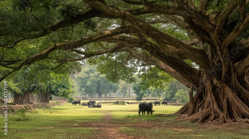 Cows resting under a large banyan tree in a quiet countryside field