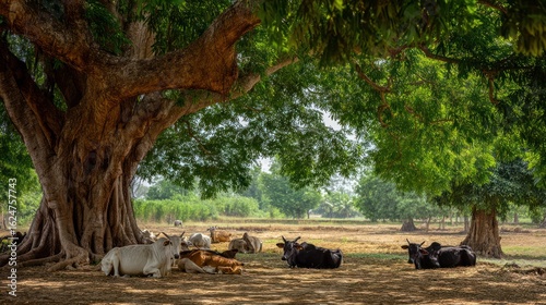 Cows resting under a large banyan tree in a quiet countryside field