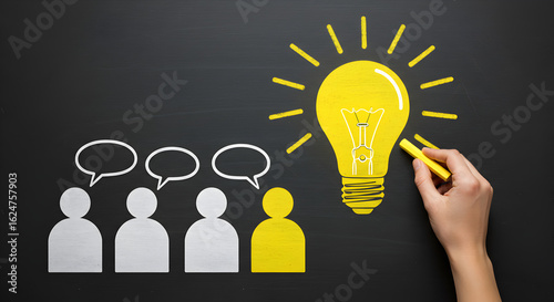 Hand drawing a lightbulb next to stick figures with speech bubbles. Illustrates concept generation, brainstorming, and creative ideas.
