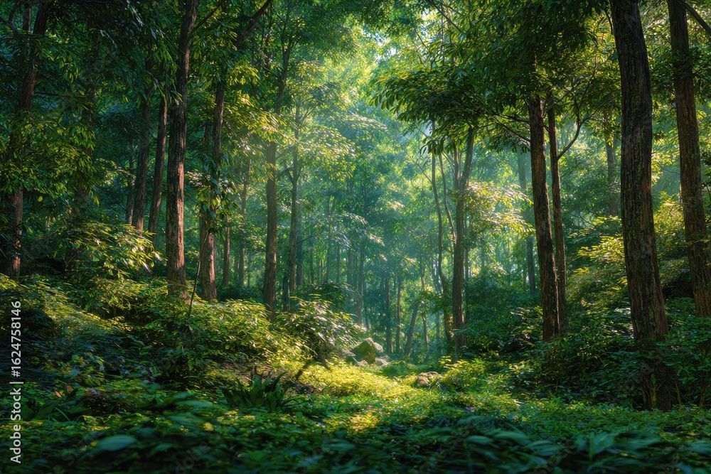 Obraz premium Lush forest interior bathed in sunlight