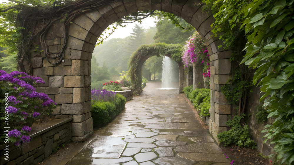 Obraz premium Secret Walled Garden Path Arching Waterfall