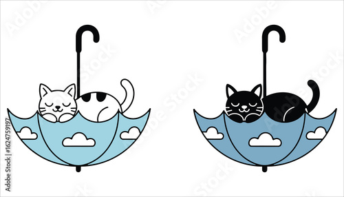 Cute Sleeping Cat in Umbrella Vector Illustration with Cloud Design