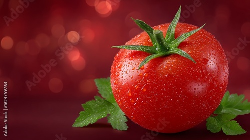 Single ripe red tomato covered in water droplets with green leaves on a blurred red background