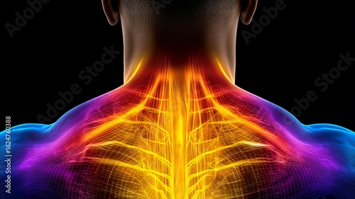 Close up of a human neck and shoulders with glowing nerves and muscle fibers