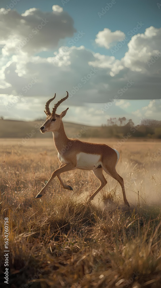 Naklejka premium A pronghorn antelope with a brown coat and white underbelly, running at high speed with its long legs outstretched, across dry grassy plains with tall golden grasses swaying in the wind, under warm go