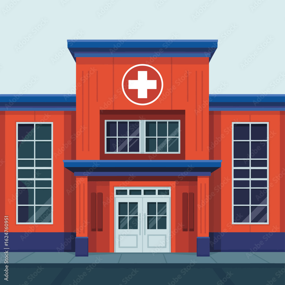 Obraz premium Modern red hospital building with white cross emblem