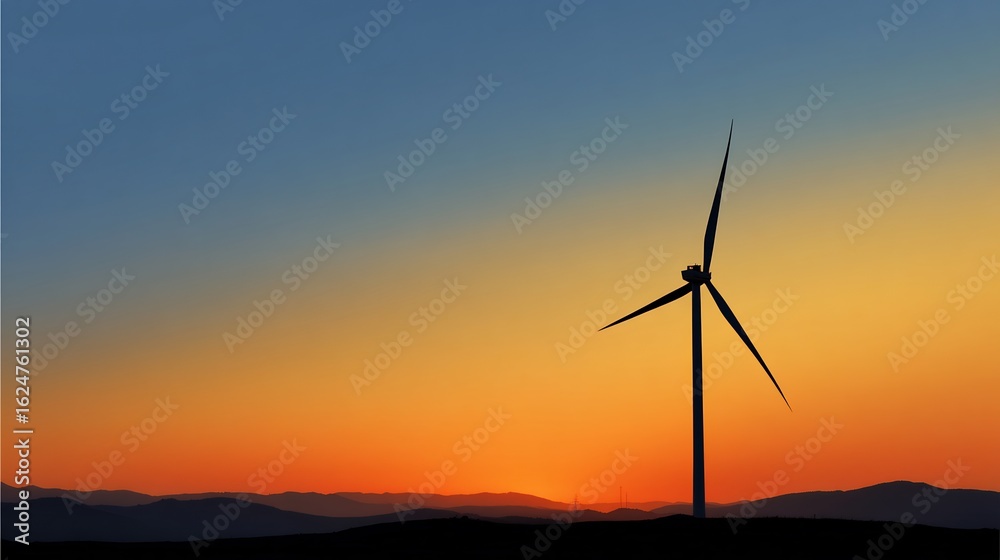 Fototapeta premium Wind turbine silhouette at colorful sunset, energy transition landscape view