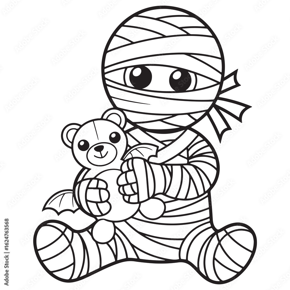 Naklejka premium Mummy with Teddy Coloring Page – Cute Halloween Mummy Child Holding Stuffed Animal