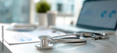 The stethoscope and laptop representing a modern healthcare workspace