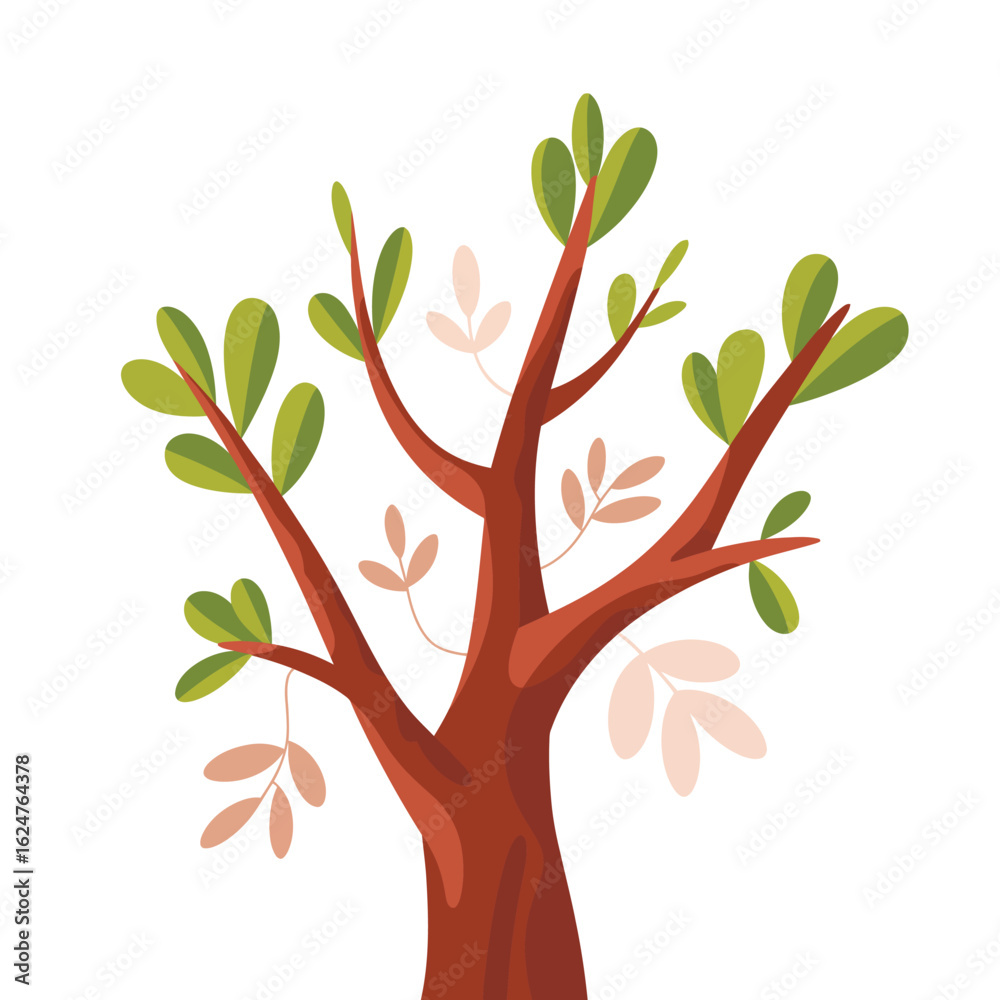 Fototapeta premium Stylized tree with red trunk and green leaves