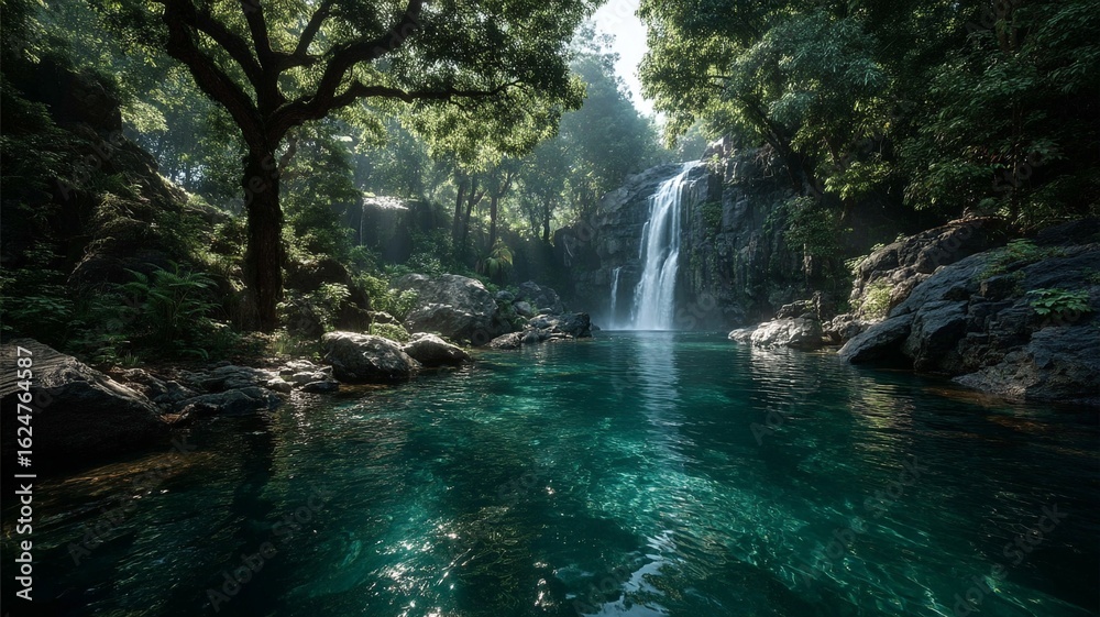 Fototapeta premium Serene forest waterfall with clear turquoise water and lush green foliage