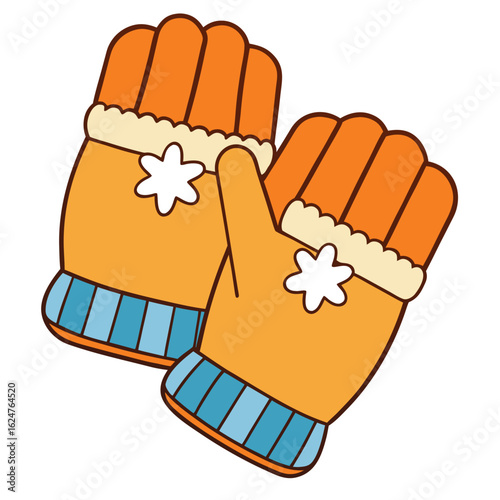 Orange winter mittens with white snowflake design blue