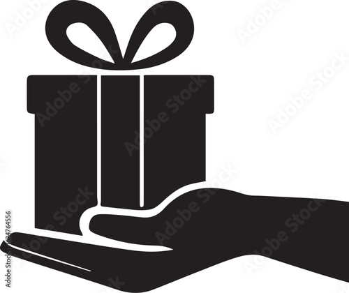 Black vector of a hand presenting a square gift box with a ribbon