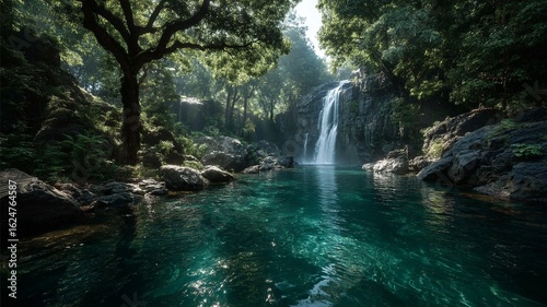 Serene forest waterfall with clear turquoise water and lush green foliage
