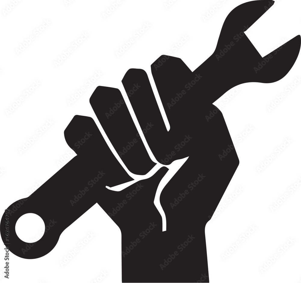 Obraz premium Black vector of a strong hand grasping a wrench
