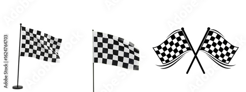Three checkered flags signal the end of a race. The flags are black and white, and are waving. 