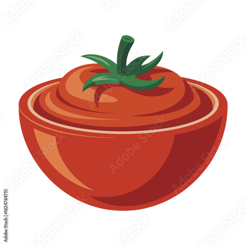 Fresh tomato puree in a red bowl with green stem