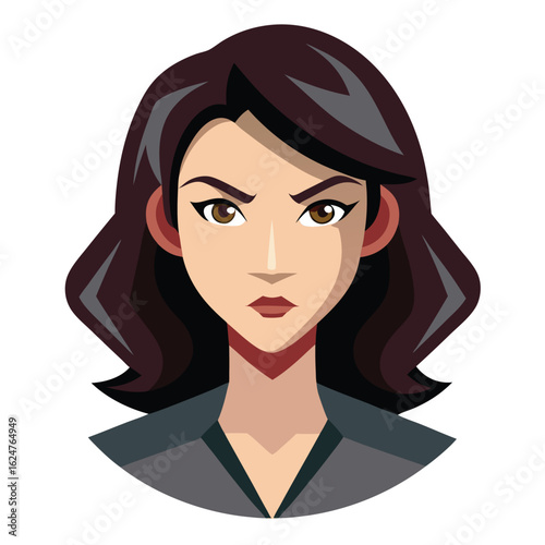 Stern woman with dark hair and brown eyes portrait serious