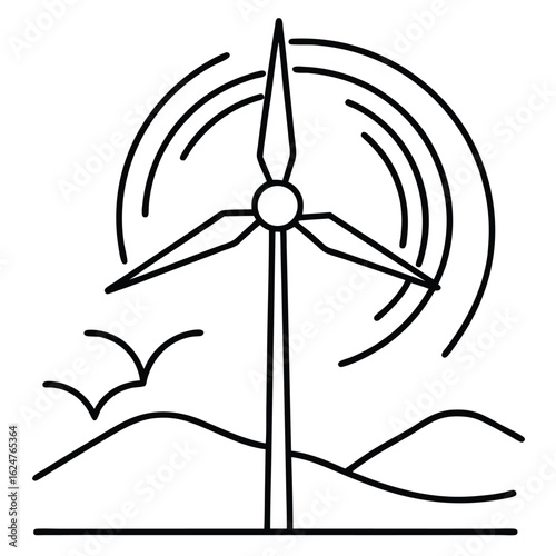 Wind turbine generating power with swirling lines and birds energy power generation
