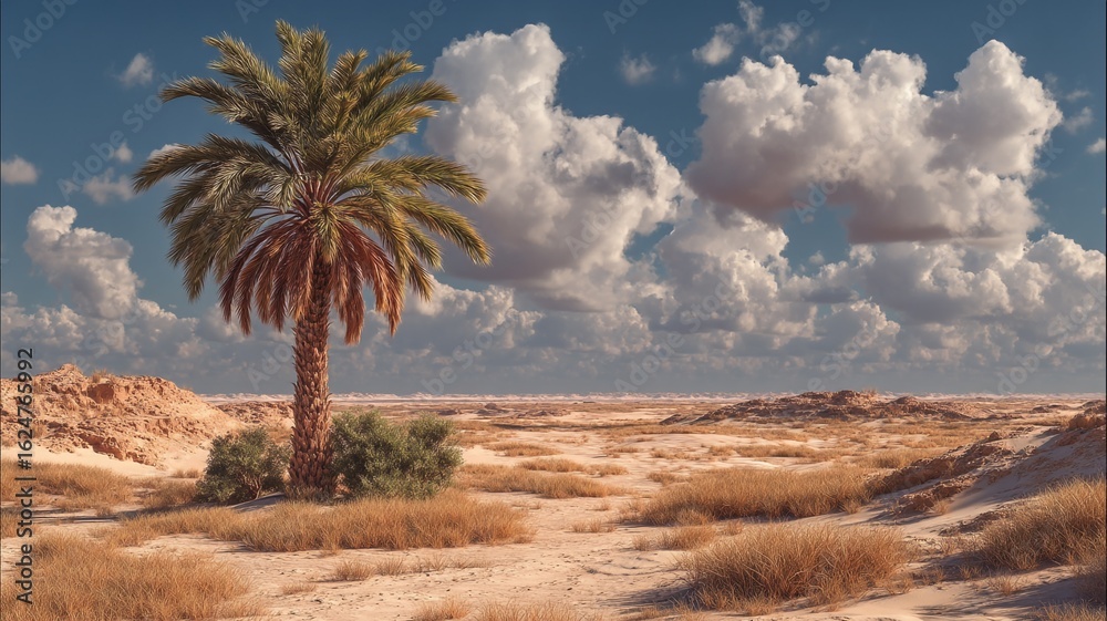Solitary palm tree stands in a dry arid landscape with sandy hills under a cloudy sky Solitary palm tree stands in a dry arid landscape with sandy hills under a cloudy sky