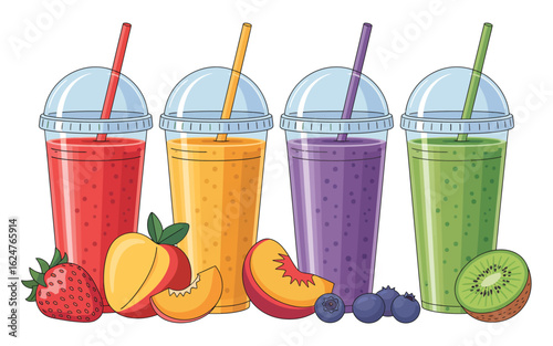 Colorful fruit smoothies and fresh ingredients