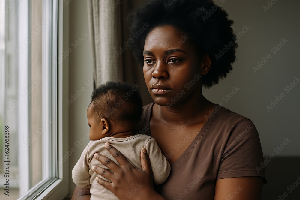 Obraz premium Mother holding her baby, thoughtfully looking out the window. Reflective moment of parenthood and quiet contemplation at home. Postpartum depression.