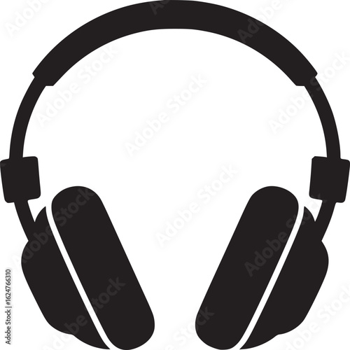 A simple black and white graphic of headphones with a headband and earcups on a white background