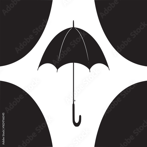 A black umbrella with a curved handle is centered against a white background with partial circles around