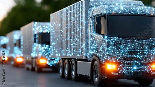 Modern autonomous trucks adorned with glowing digital network patterns on a street