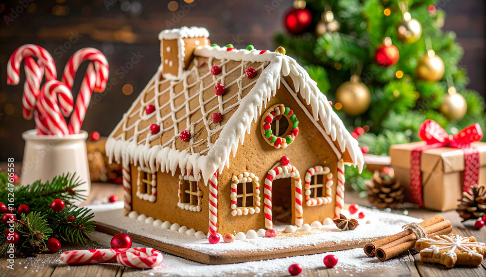 Fototapeta premium An enchanting, snow-dusted gingerbread house, adorned with colorful candies and icing, is presented with a warm and festive out-of-focus Christmas background