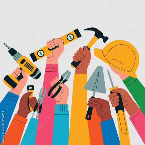 Diverse hands raise construction tools in solidarity