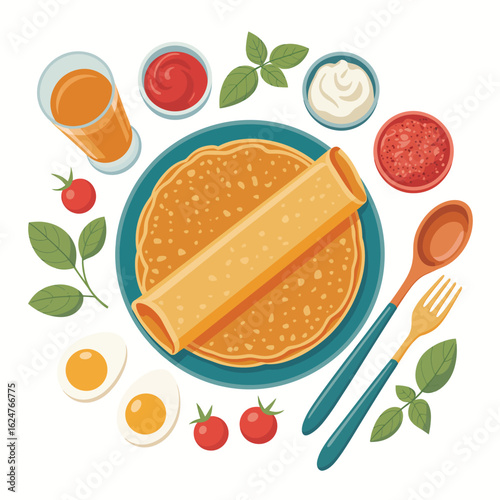 Delicious breakfast spread with pancakes eggs and fresh ingredients
