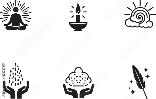 Wellness icons promoting mindfulness, peacefulness, and spiritual growth