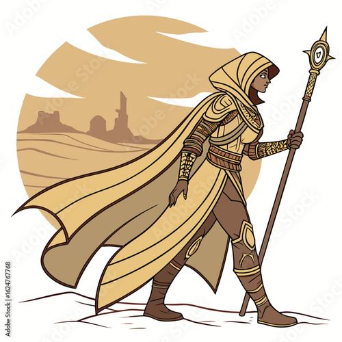 A powerful desert sorceress adorned in mystical robes conjures elemental magic with a staff surrounded by ancient ruins and swirling sand evoking fantasy and enchantment