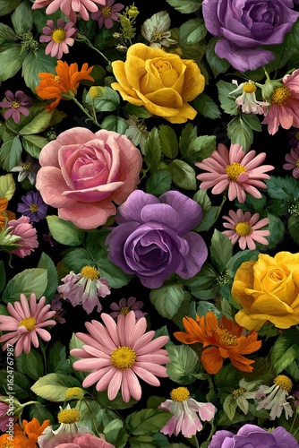Vibrant floral pattern. Colorful roses and daisies on black background