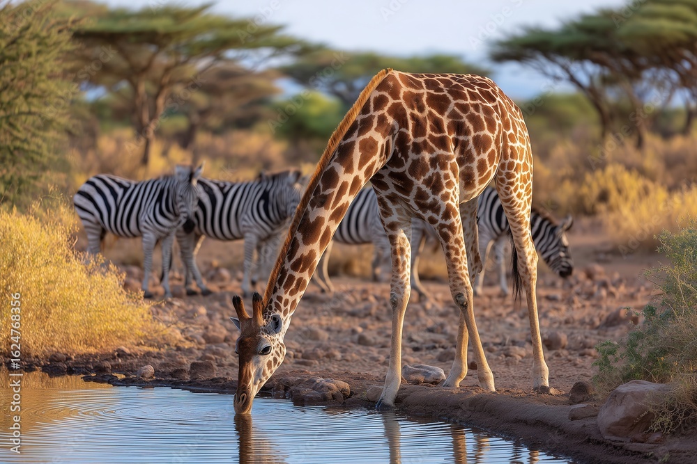 Fototapeta premium Giraffe Drinking Water At Watering Hole With Zebra In Background Wildlife Fast Nature